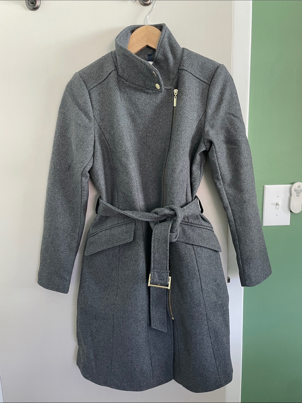 Cole Haan Gray Wool-Blend Belted Pea Coat